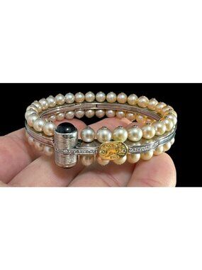 Brev Sauro Bracelet Pearl Black Onyx 17 Diamond Chips Stainless Steel 18k